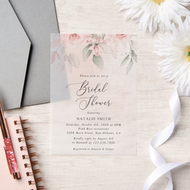 Blush Flowers, Pink Flowers, Boho, Bridal Shower Vellum Invitations (Wedding)