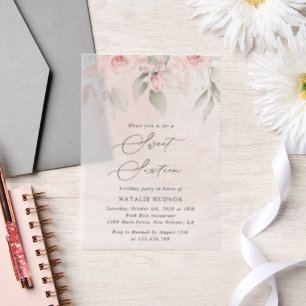 Blush Flowers, Pink Flowers, Boho, Sweet 16 Vellum Invitations