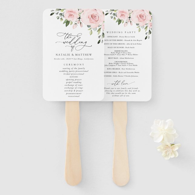 Blush Flowers, Pink Flowers, Boho, Wedding Program Hand Fan (Front and Back)