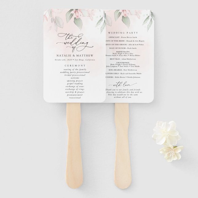 Blush Flowers, Pink Flowers, Boho, Wedding Program Hand Fan (Front and Back)
