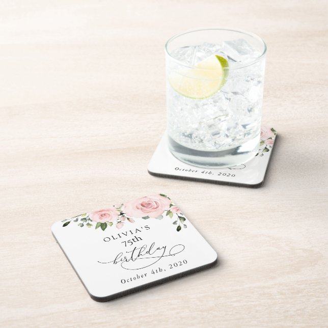 Blush Flowers, Pink Flowers, Greenery, Birthday Beverage Coaster (Right Side)