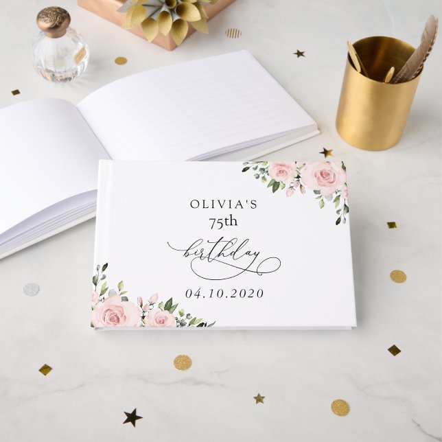 Blush Flowers, Pink Flowers, Greenery, Birthday Guest Book (Front Open)