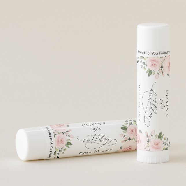 Blush Flowers, Pink Flowers, Greenery, Birthday Lip Balm (Front)