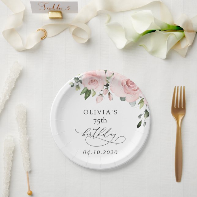 Blush Flowers, Pink Flowers, Greenery, Birthday Paper Plates (Wedding)