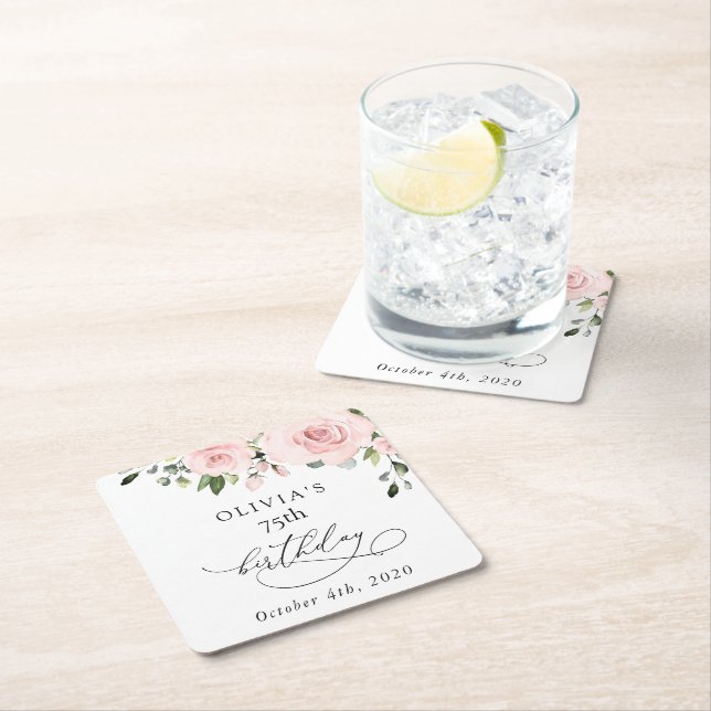 Blush Flowers, Pink Flowers, Greenery, Birthday Square Paper Coaster (Insitu)