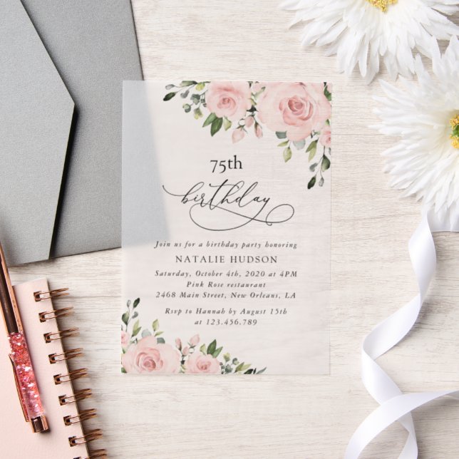 Blush Flowers, Pink Flowers, Greenery, Birthday Vellum Invitations (Wedding)