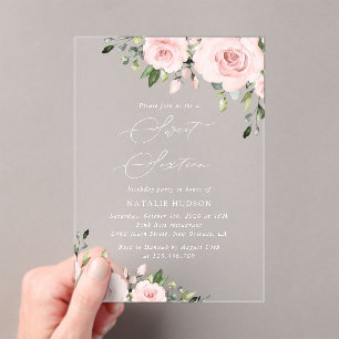 Blush Flowers, Pink Flowers, Greenery, Sweet 16 Acrylic Invitations