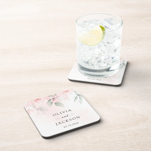 Blush Flowers Pink Flowers Greenery Wedding  Beverage Coaster