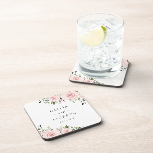 Blush Flowers Pink Flowers Greenery Wedding Beverage Coaster