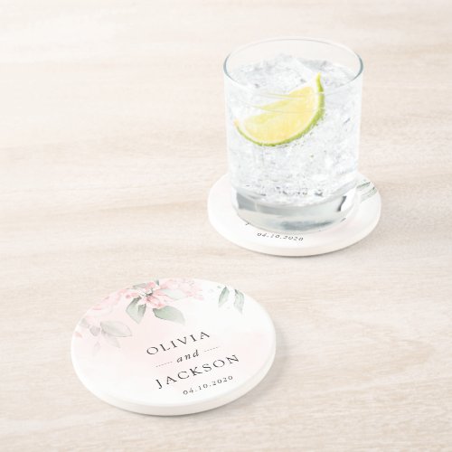 Blush Flowers Pink Flowers Greenery Wedding  Coaster