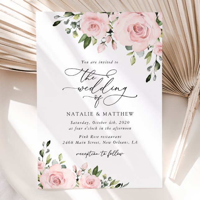 Blush Flowers, Pink Flowers, Greenery, Wedding Invitation (Creator Uploaded)
