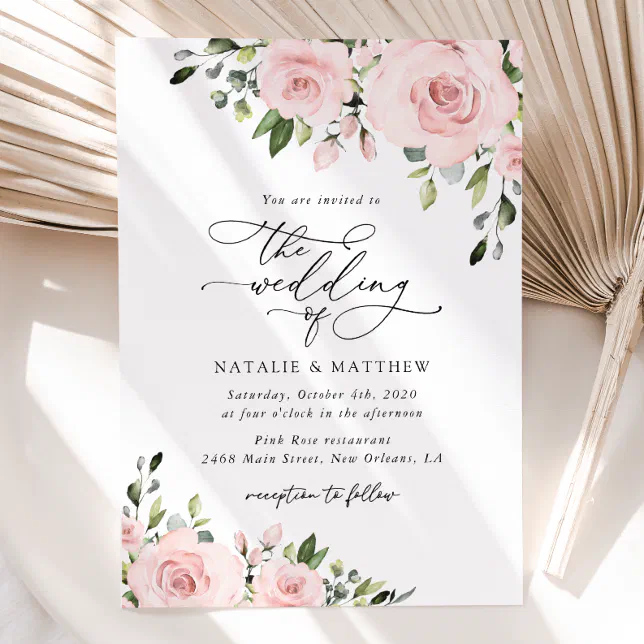 Blush Flowers, Pink Flowers, Greenery, Wedding Invitation | Zazzle