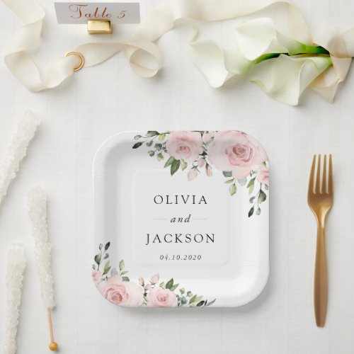 Blush Flowers Pink Flowers Greenery Wedding Paper Plates