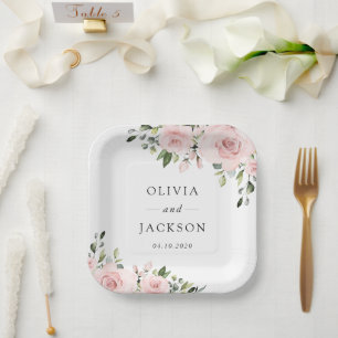 Blush Flowers, Pink Flowers, Greenery, Wedding Paper Plates