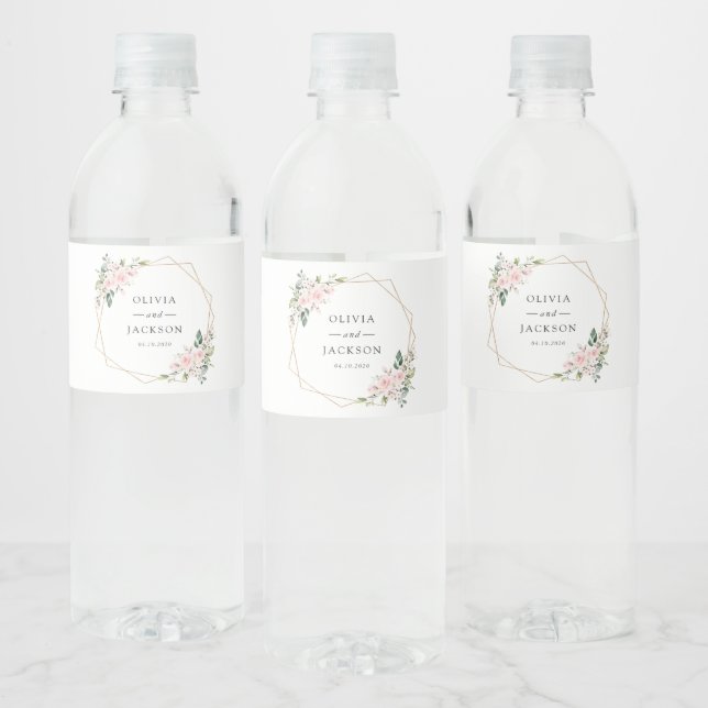 Blush Flowers, Pink Flowers, Greenery, Wedding Water Bottle Label (Bottles)