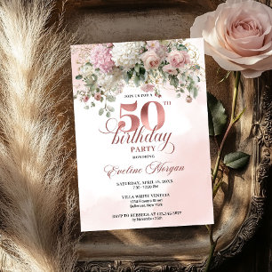 Blush Flowers Rose Gold Greenery 50th Birthday Invitation