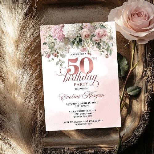 Blush Flowers Rose Gold Greenery 50th Birthday  