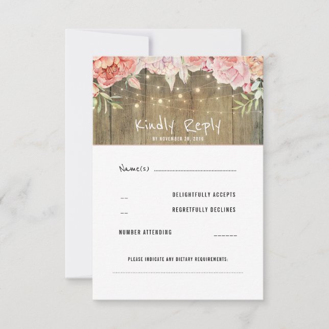 Blush Flowers Rustic String Lights Wedding RSVP (Front)