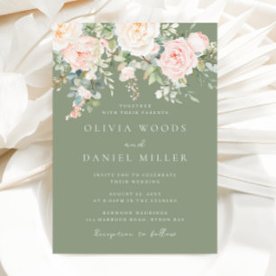 Blush Flowers & Sage Green Botanical Wedding Invitation