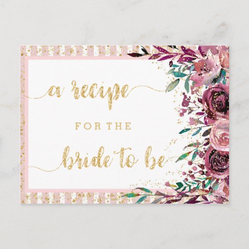 Blush Flowers Stripes Bridal Shower Recipe Card