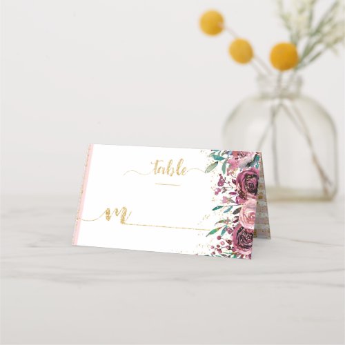 Blush Flowers Stripes  Gold Confetti Seating Name Place Card