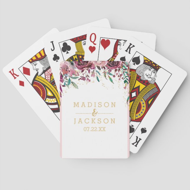 Blush Flowers Stripes Gold Confetti Wedding Favor Poker Cards (Back)