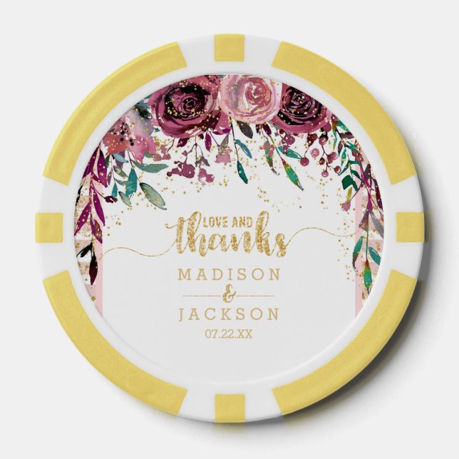 Blush Flowers Stripes Gold Confetti Wedding Favor Poker Chips (Front)