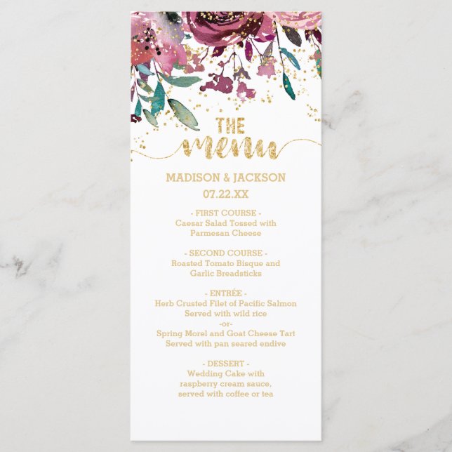 Blush Flowers Stripes & Gold Confetti Wedding Menu (Front)