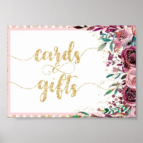 Blush Flowers Stripes  Gold Wedding Cards  Gifts Poster