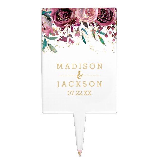 Blush Flowers Stripes & Gold Wedding Monogram Cake Topper (Front)