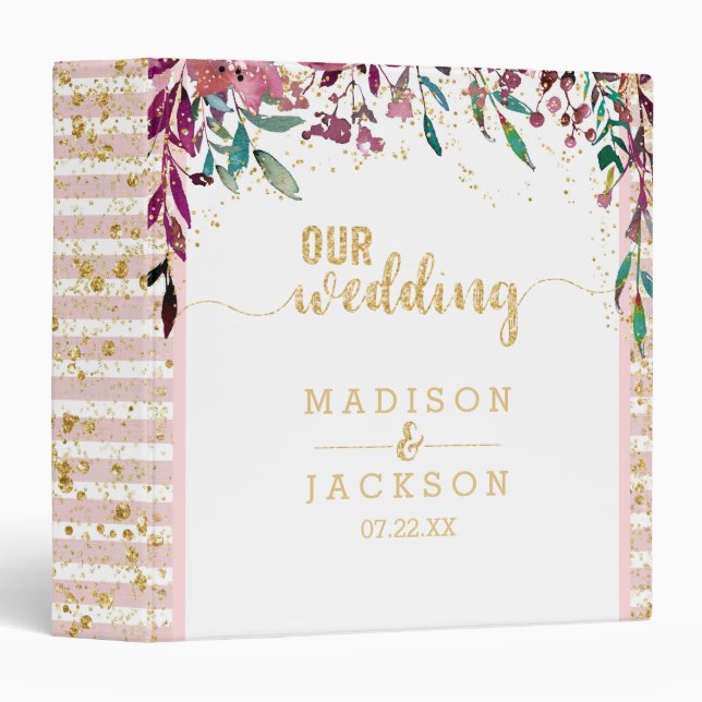 Blush Flowers Stripes & Gold Wedding Photo Album Binder (Front/Spine)