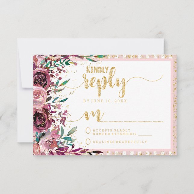 Blush Flowers Stripes & Gold Wedding Reply RSVP (Front)