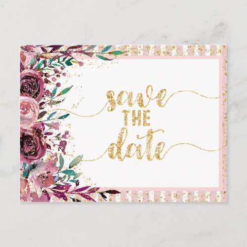 Blush Flowers Stripes  Gold Wedding Save the Date Announcement Postcard