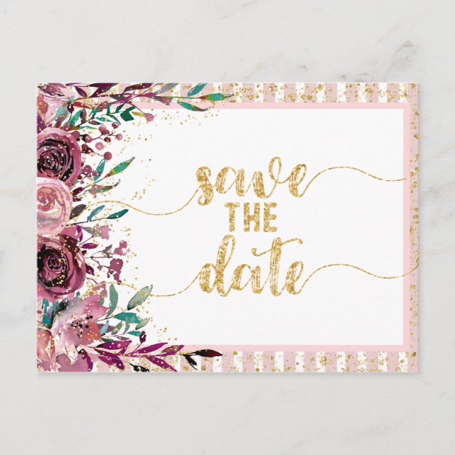 Blush Flowers Stripes & Gold Wedding Save the Date Announcement Postcard (Front)