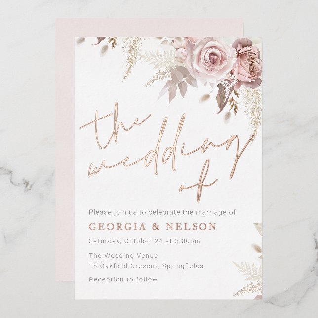 Blush Flowers The Wedding of Rose Gold Real Foil Invitation (Front/Back)