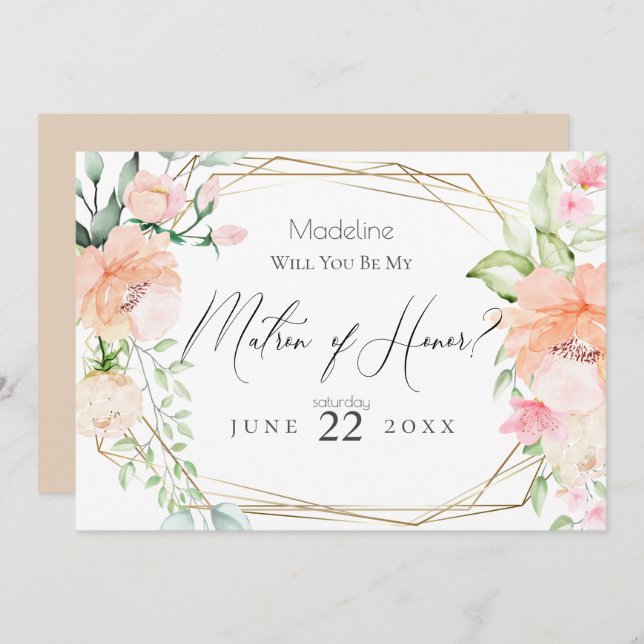 Blush Flowers Will You Be My Matron of Honor Invitation (Front/Back)