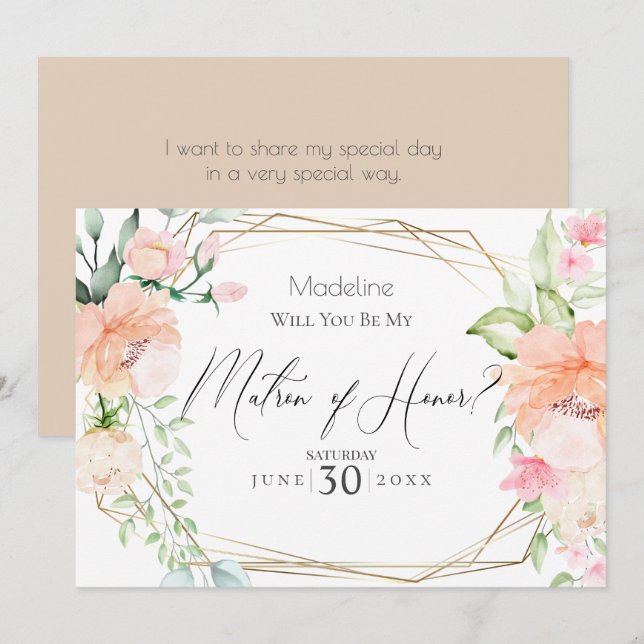 Blush Flowers Will You Be My Matron of Honor Invitation (Front/Back)