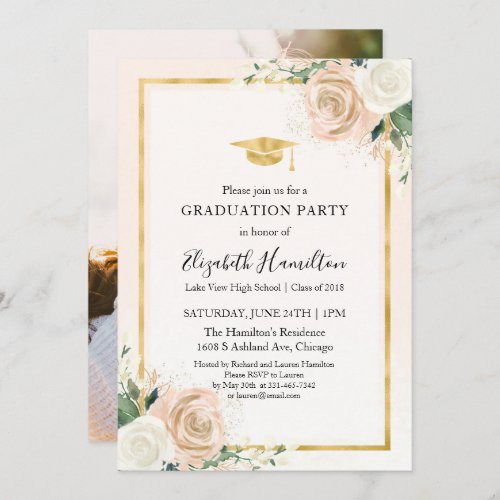 Blush  Foil Gold Floral Graduation Party Photo Invitation