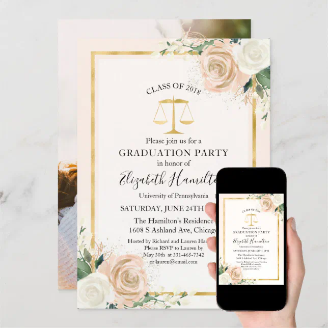 Blush & Foil Gold Law School Grad Party Photo Invitation | Zazzle