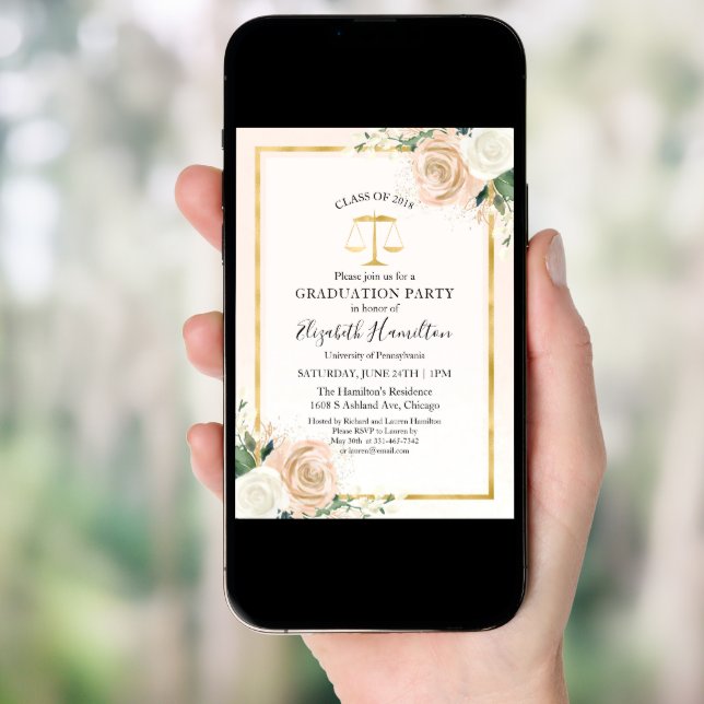 Blush & Foil Gold Law School Grad Party Photo Invitation (Front Digital)