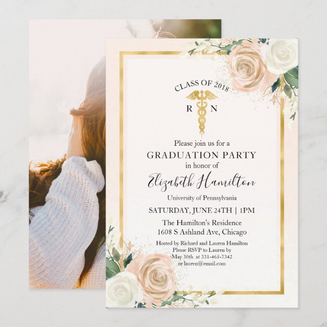 Blush & Foil Gold Nursing School Grad Party Photo Invitation (Front/Back)