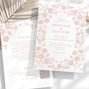 Blush Folk Floral QR RSVP All-In-One Wedding Invitation