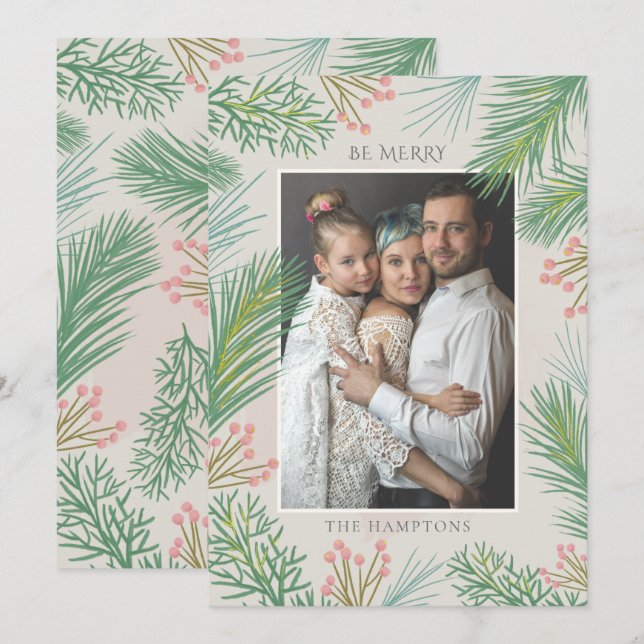 Blush Forest Pine Holly Berry Photo Holiday Card (Front/Back)
