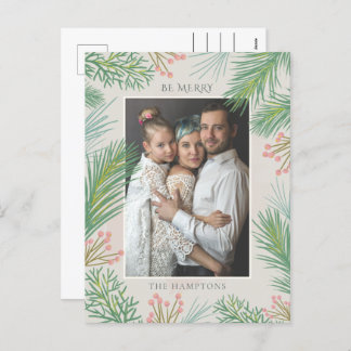 Blush Forest Pine Holly Berry Photo Holiday Postcard