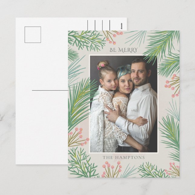 Blush Forest Pine Holly Berry Photo Holiday Postcard (Front/Back)