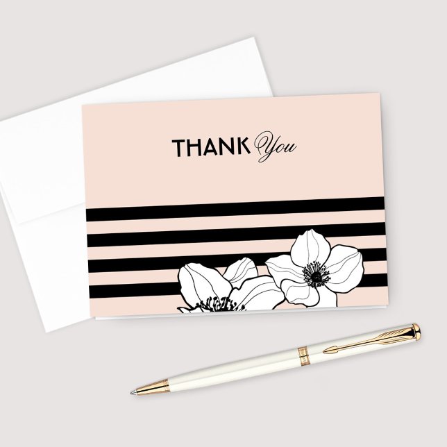 Blush French Anemone Flowers Black Stripes Thank You Card (Creator Uploaded)
