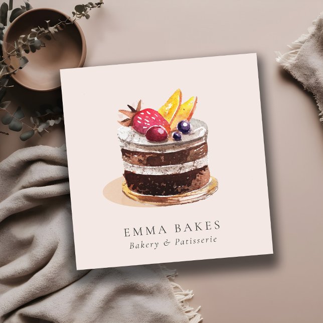 BLUSH FRUIT FLORAL CAKE PATISSERIE CUPCAKE BAKERY SQUARE BUSINESS CARD (Creator Uploaded)