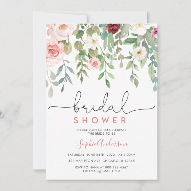 Blush Garden Floral Elegant Bridal Shower Invitation (Front)
