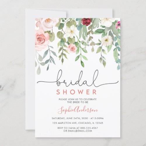 Blush Garden Floral Elegant Bridal Shower Invitation
