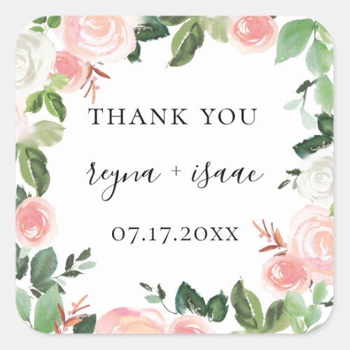 Blush Garden Floral Frame Wedding Favor Square Sticker